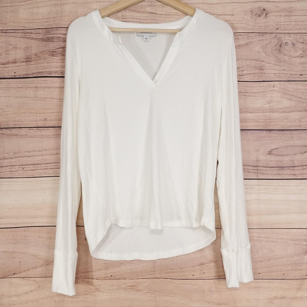 Evereve T-Shirt Womens L White V-Neck Long Sleeve‎ Ribbed Stretch Jersey Top